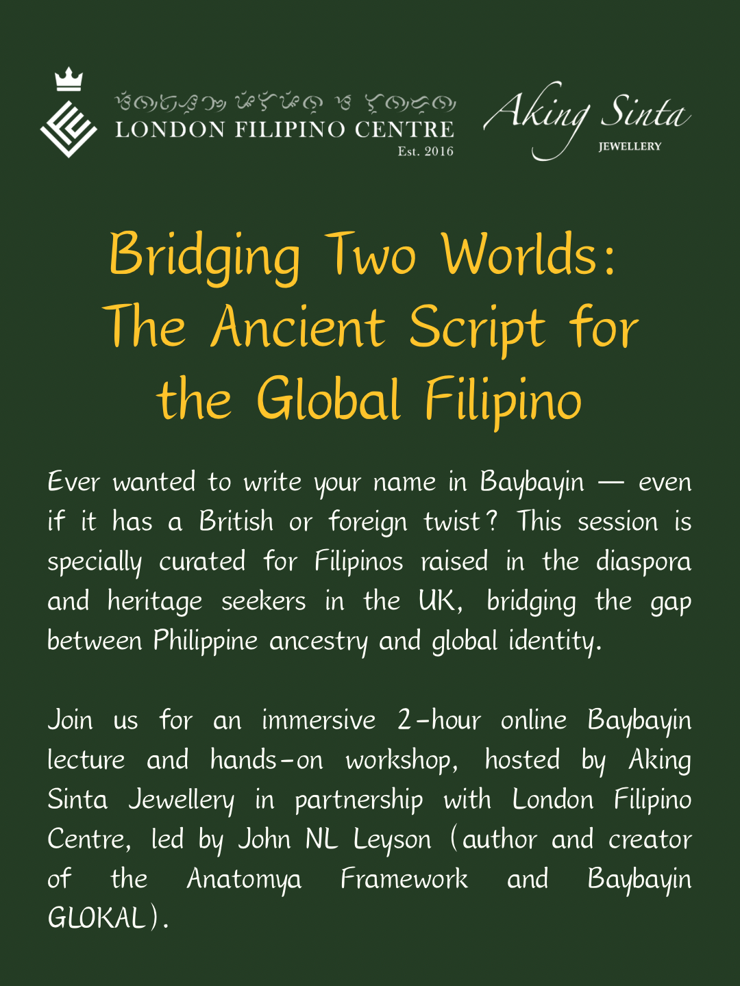 Bridging Two Worlds: Online Baybayin Lecture and Workshop Series