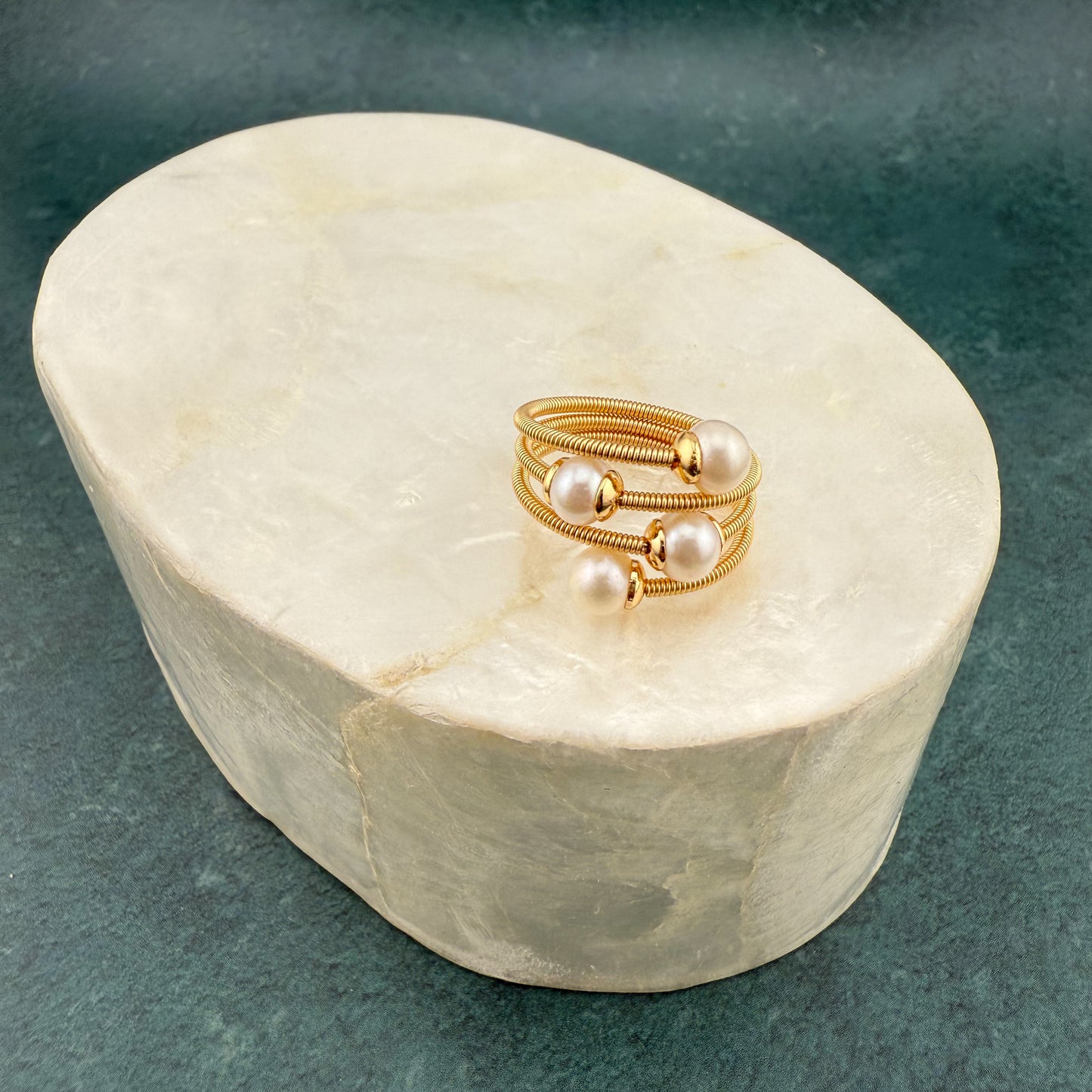 Multi-Pearl Adjustable Coiled Ring