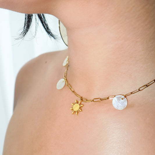 Paperclip Chain Necklace with Araw and Capiz Shell Charms