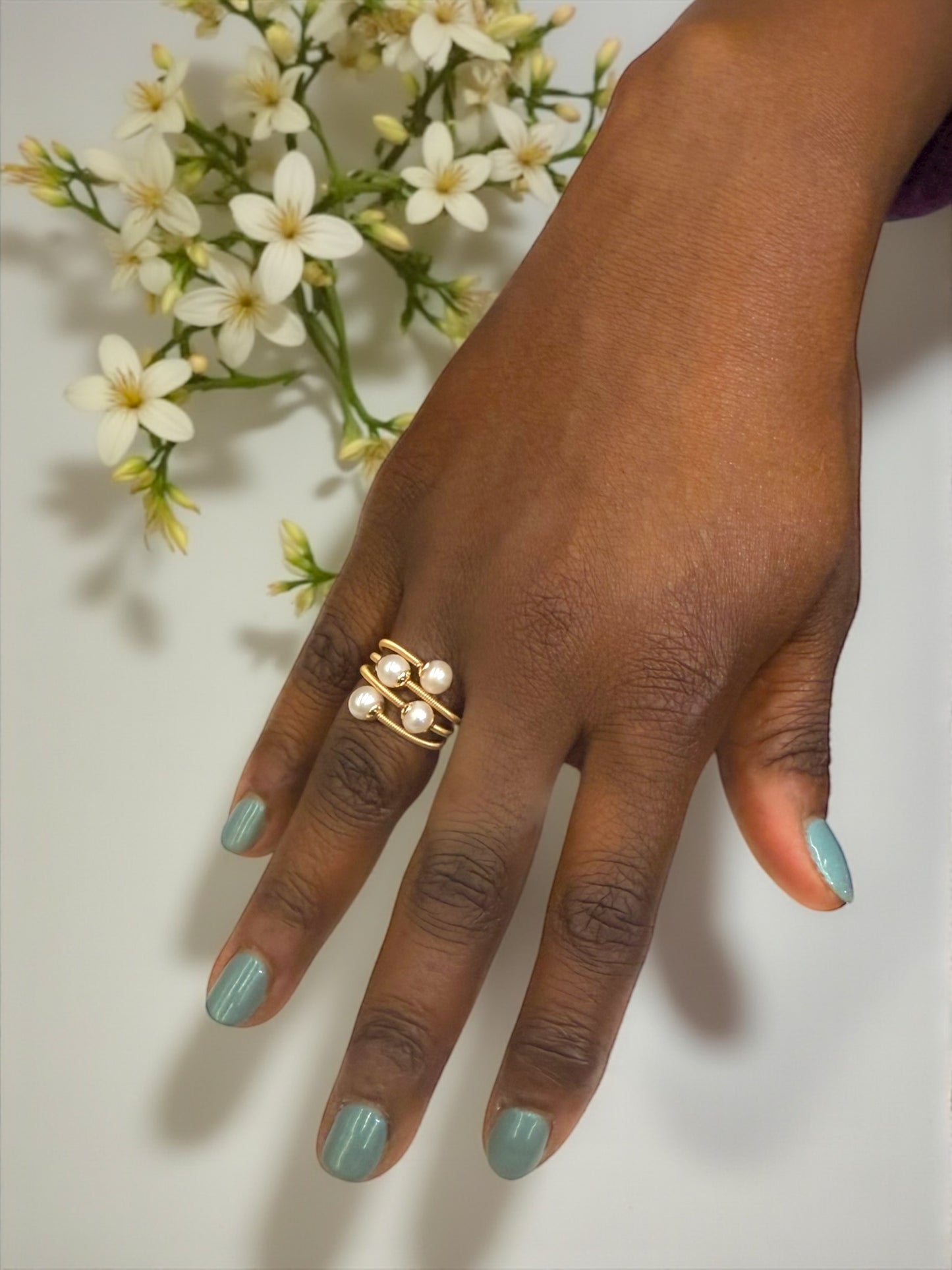 Multi-Pearl Adjustable Coiled Ring