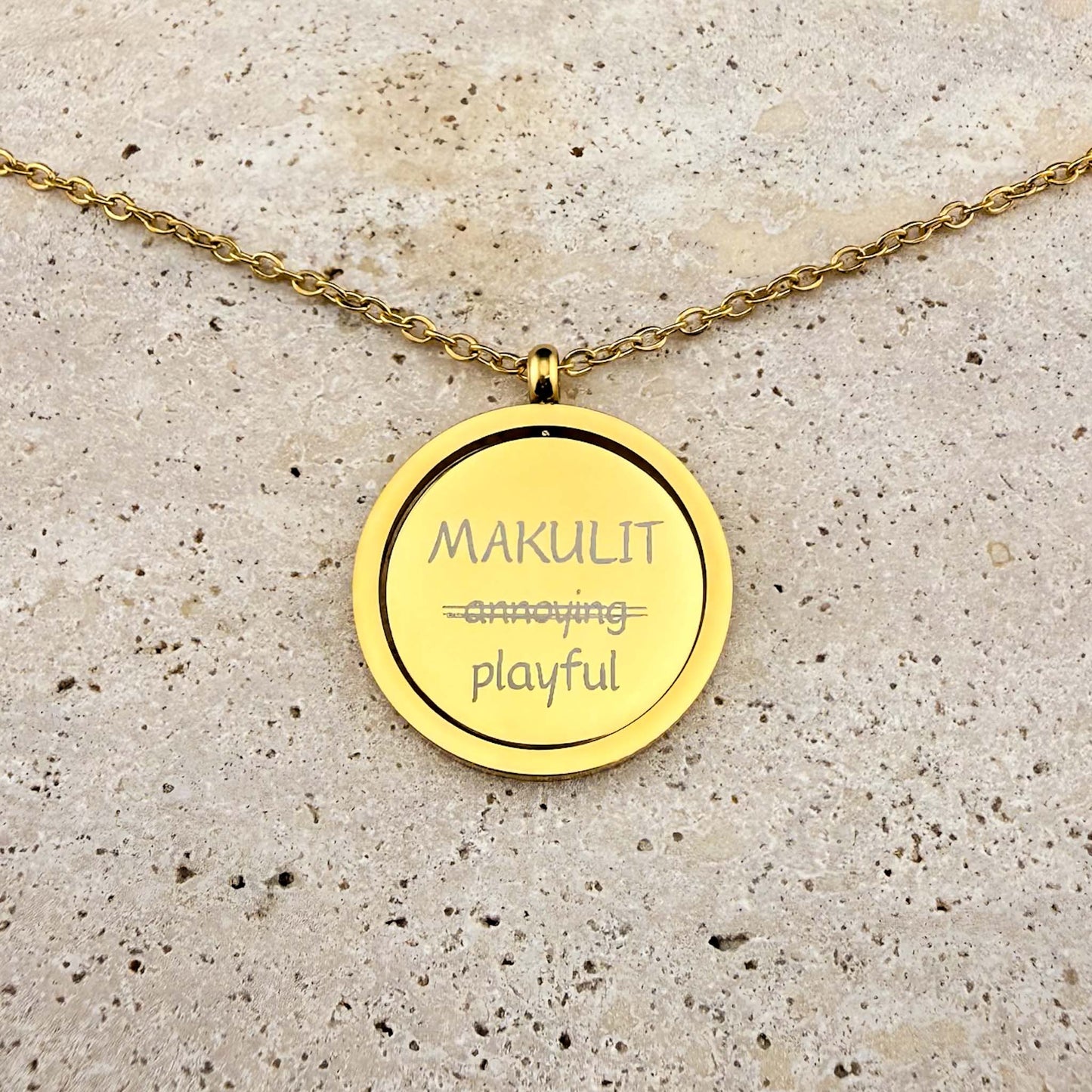 Reclaimed Tagalog Words in Baybayin on Spinning Coin Fidget Necklace
