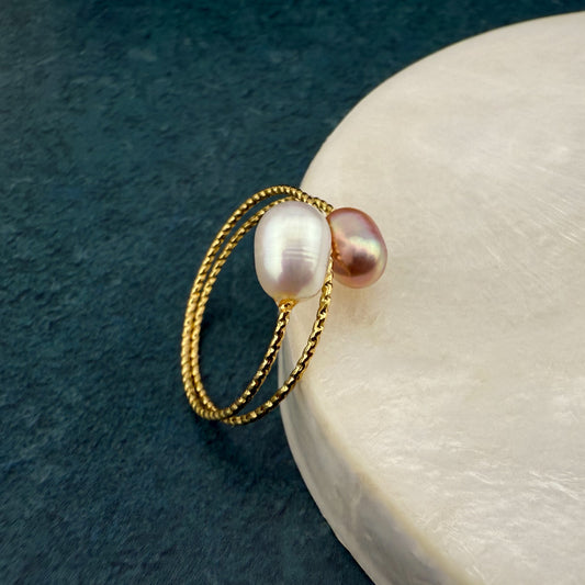 Dainty Lilac and White Pearl Adjustable Ring