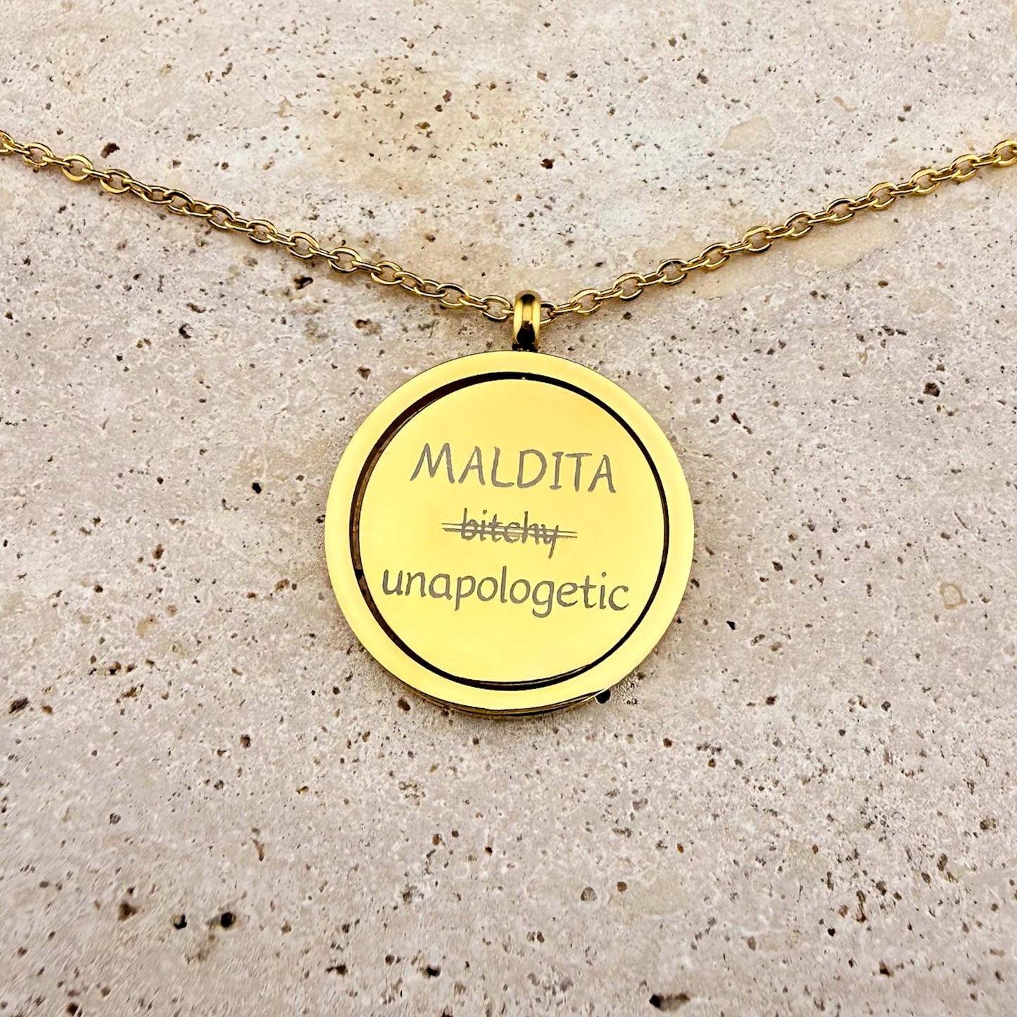 Reclaimed Tagalog Words in Baybayin on Spinning Coin Fidget Necklace