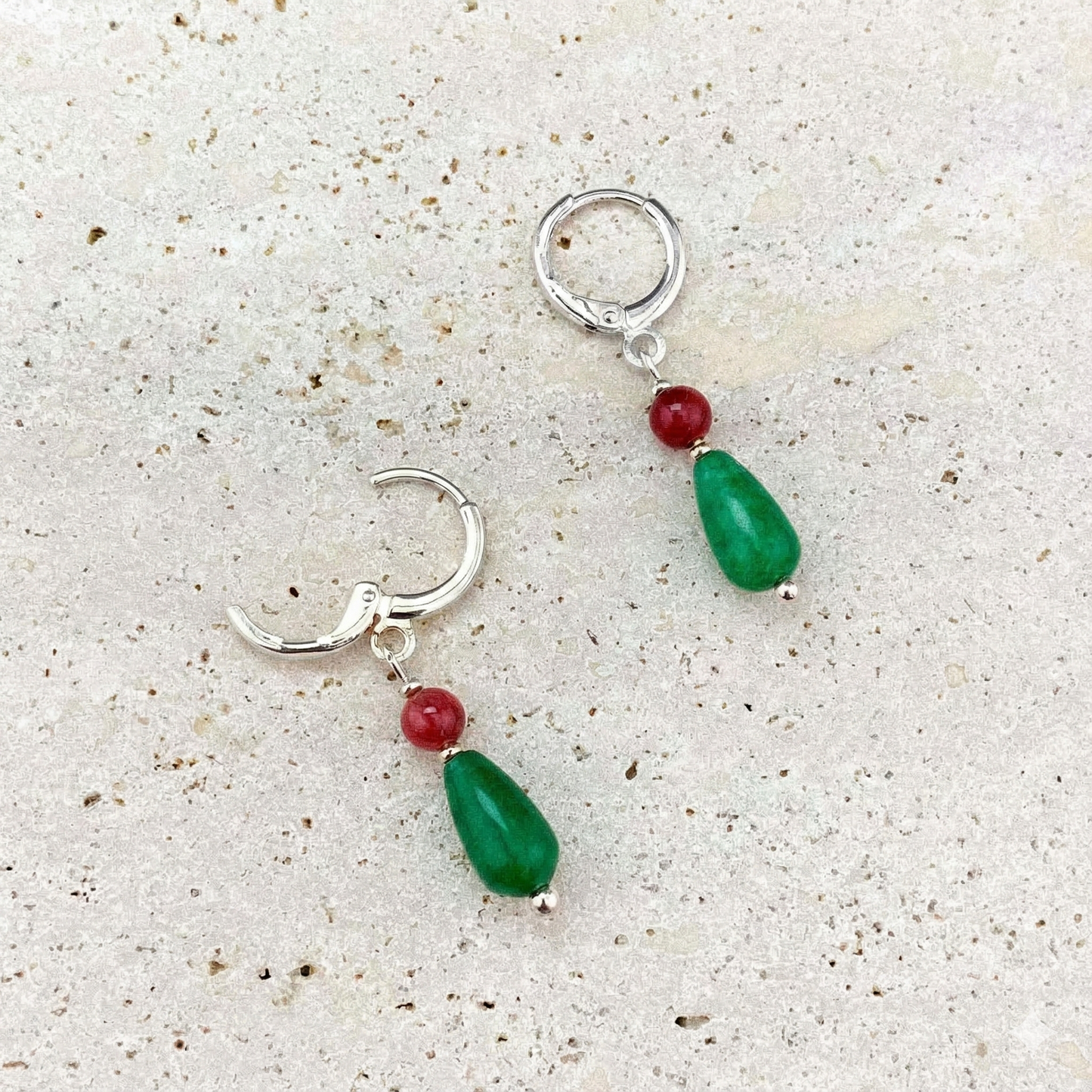 Howl’s Red Jade Accented Teardrop Green Jade Huggies