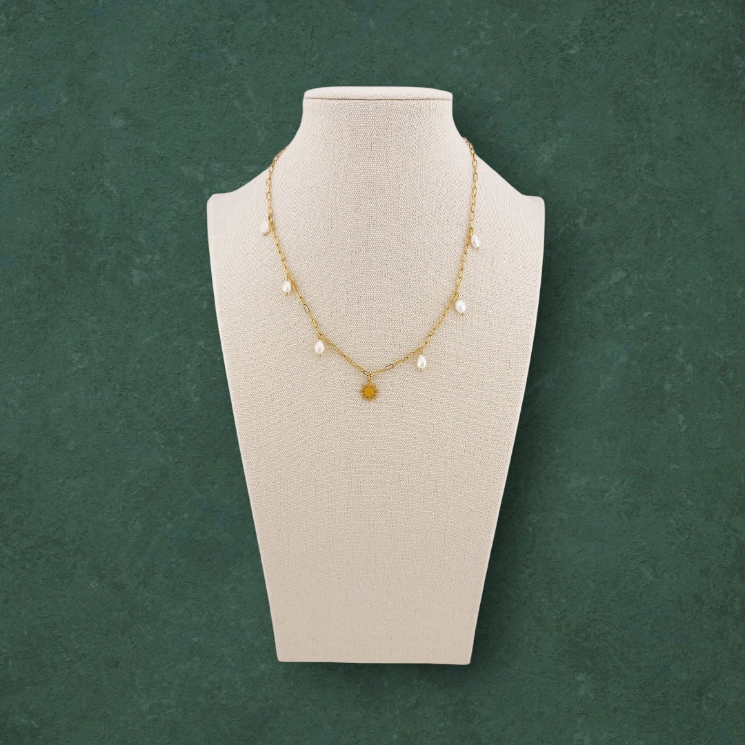 Paperclip Chain Necklace with Dainty Araw and Freshwater Pearl Charms