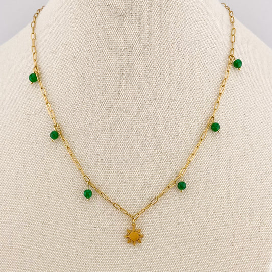 Paperclip Chain Necklace with Dainty Araw and Green Jade Charms