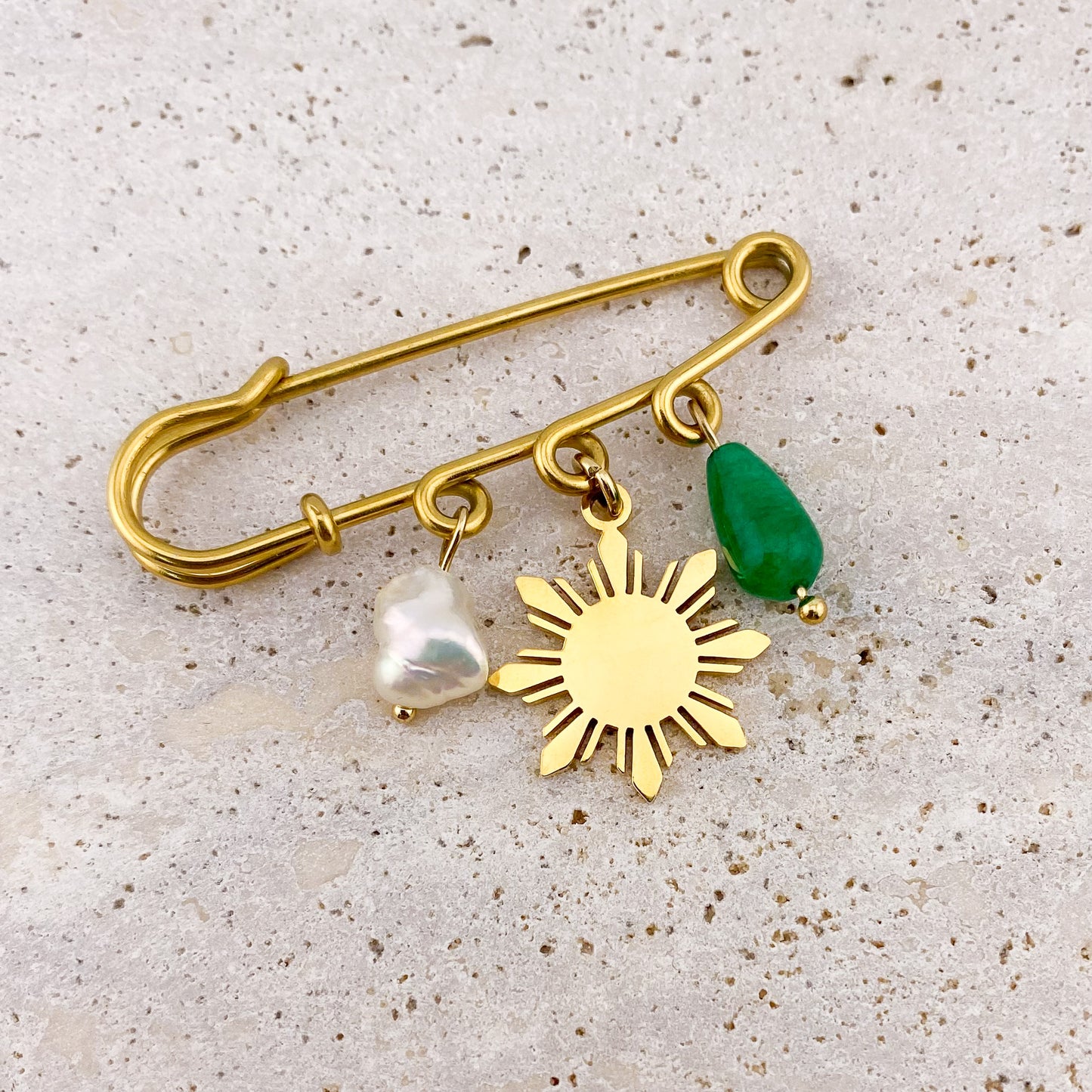 Safety Pin Brooch with Pearl, Araw and Jade Charms