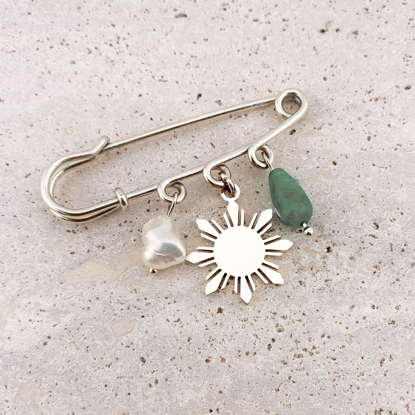 Safety Pin Brooch with Pearl, Araw, and Jade Charms