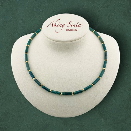 African jade column necklace with natural gemstone pendant and 18K gold plated stainless steel chain, minimalist boho jewelry