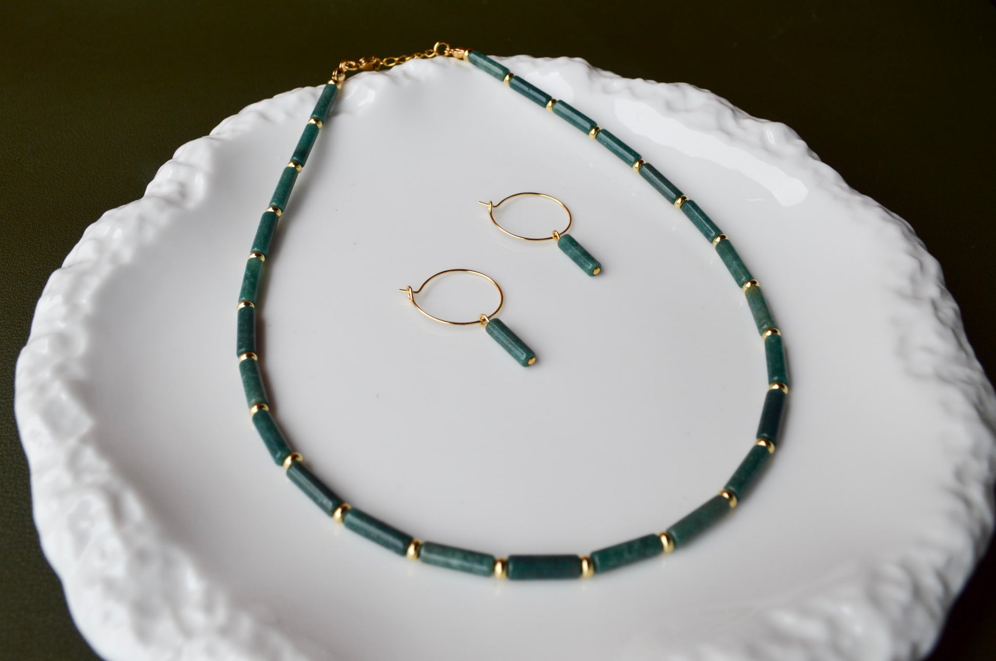 African jade minimalist column hoop earrings with natural gemstone pendants and 18K gold plated stainless steel hoops, handmade jewelry