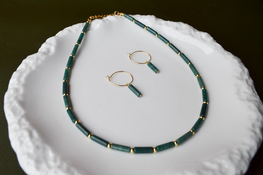 African jade minimalist column hoop earrings with natural gemstone pendants and 18K gold plated stainless steel hoops, handmade jewelry