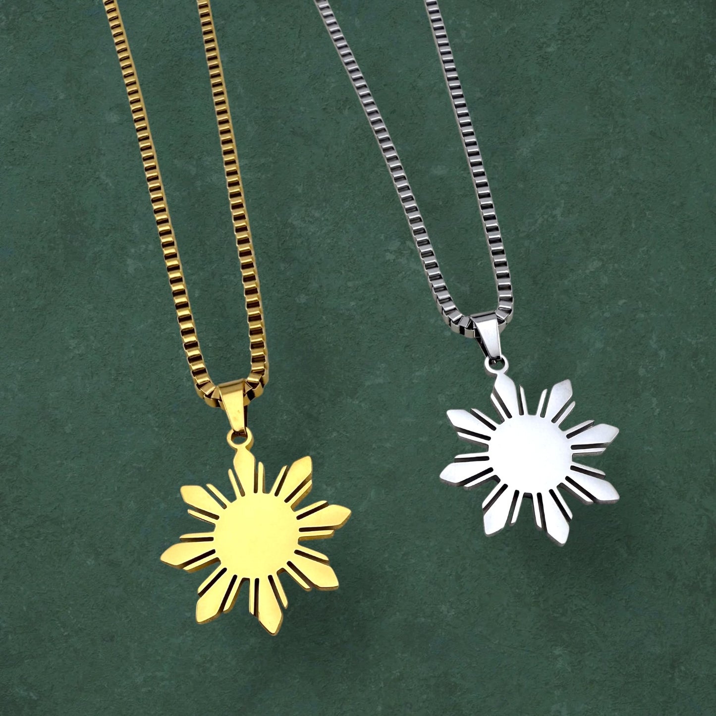 Aking Sinta Araw Chunky Box Chain Necklace in gold and silver on clean green background