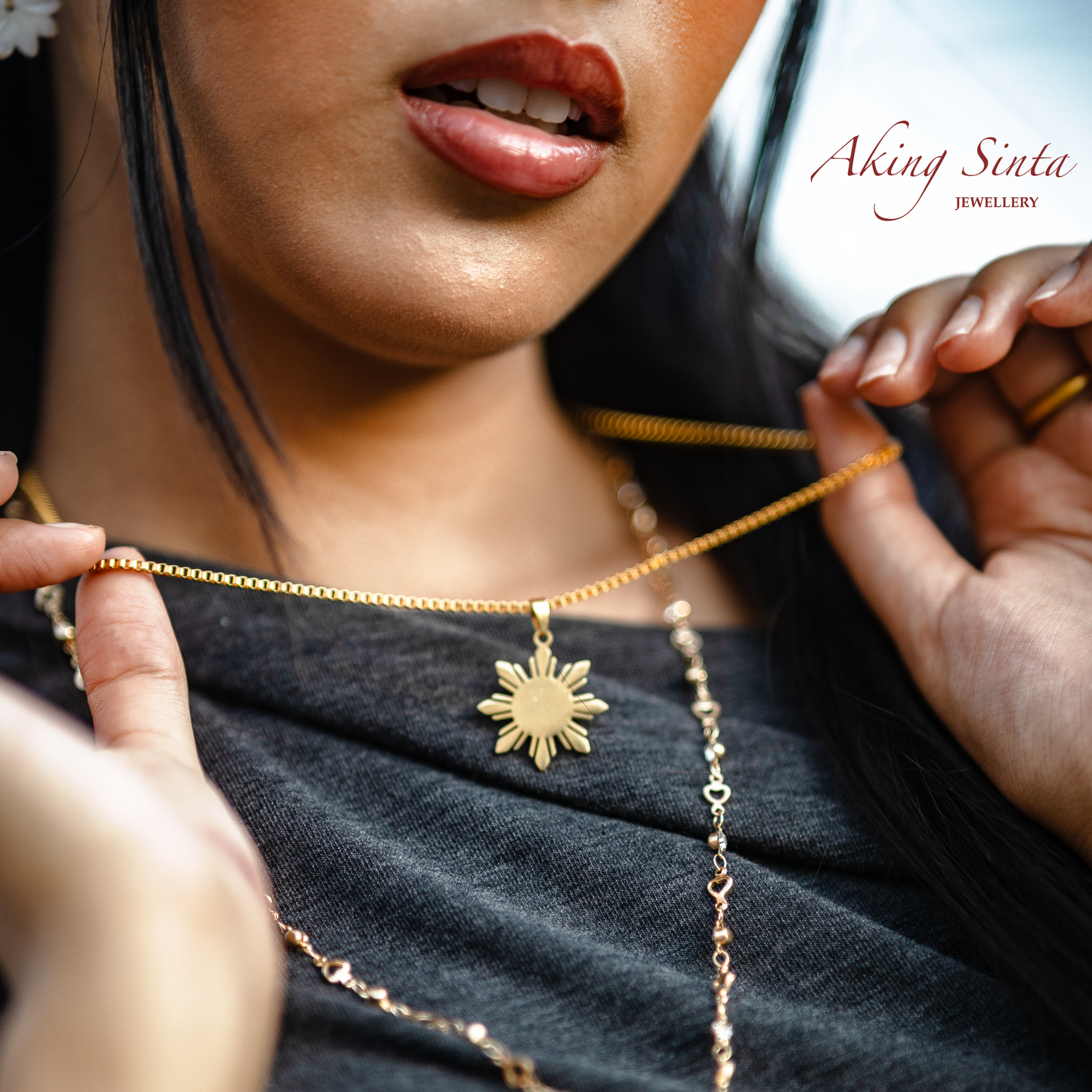 Aking Sinta Araw Chunky Box Chain Necklace worn by woman, close-up with blurred background to highlight necklace