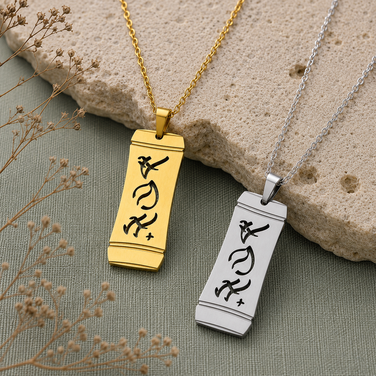 A product shot featuring two Aking Sinta vertical bamboo-style rectangular pendants in gold and silver finishes, displayed side by side against a textured stone slab and sage green fabric backdrop with dried baby's breath. Both pendants showcase the word "Anak" (Child) intricately cut out in stylized traditional Baybayin script characters.