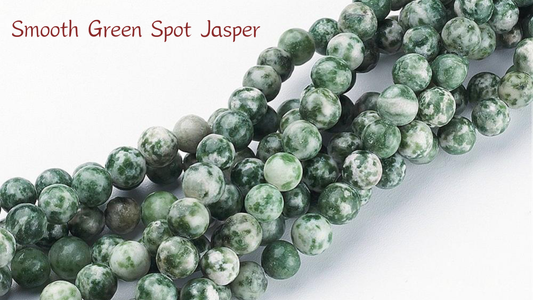 Close-up of Aking Sinta Green Spot Jasper beads, smooth green jasper texture highlighted, showcasing natural stone quality and Philippine-inspired craftsmanship