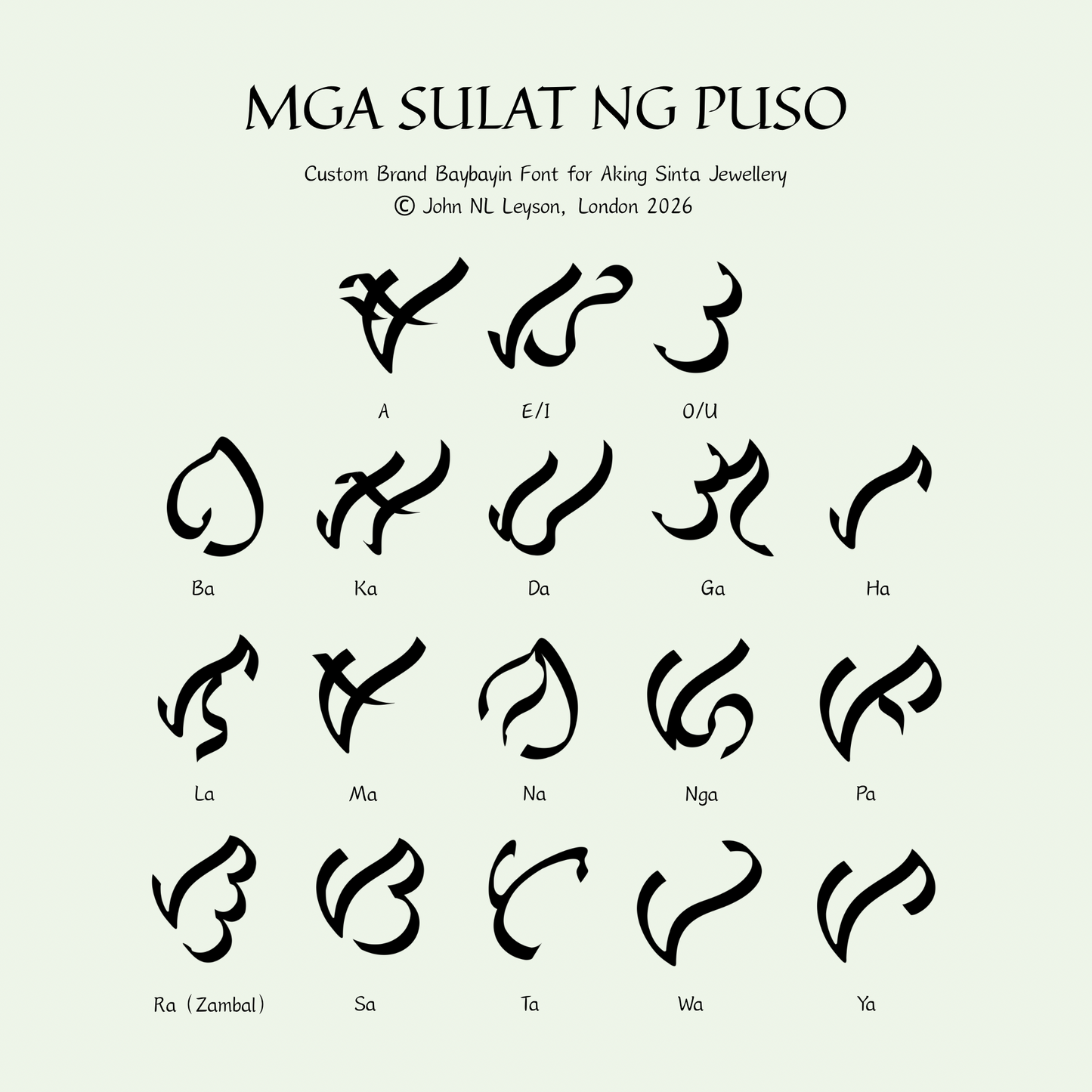 A reference chart titled "MGA SULAT NG PUSO" displaying the custom brand Baybayin font for Aking Sinta Jewellery. The graphic shows various ancient Filipino script characters (abugida) including vowels A, E/I, O/U and consonants like Ba, Ka, Da, and Ga, designed by John NL Leyson