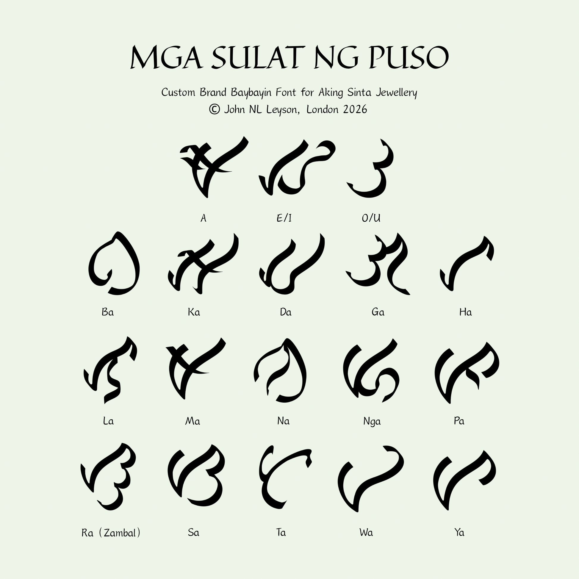 A reference chart titled "MGA SULAT NG PUSO" displaying the custom brand Baybayin font for Aking Sinta Jewellery. The graphic shows various ancient Filipino script characters (abugida) including vowels A, E/I, O/U and consonants like Ba, Ka, Da, and Ga, designed by John NL Leyson