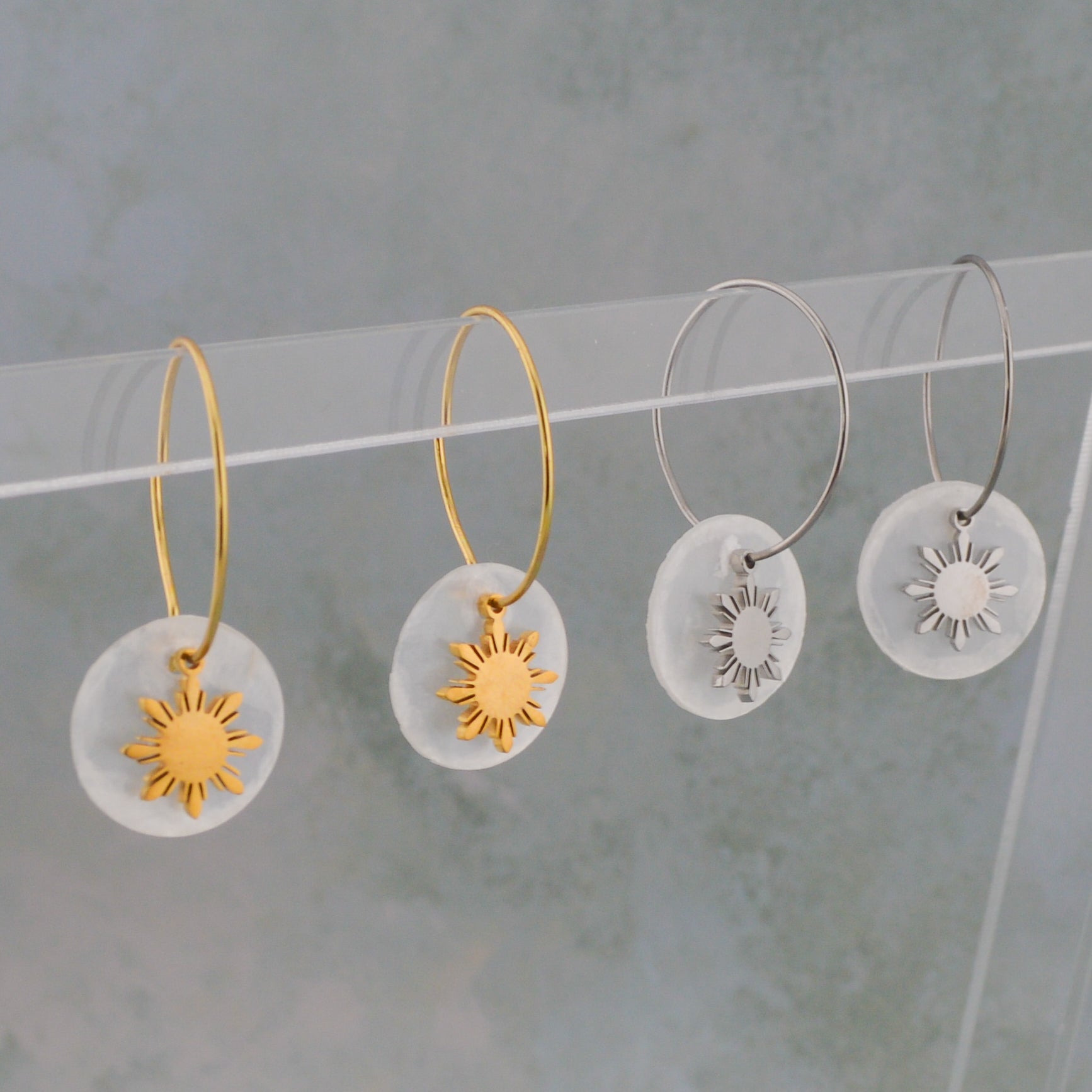 Araw and capiz shell dainty hoop earrings with Philippine sun charms in 18K gold plated stainless steel, handmade Filipino jewelry