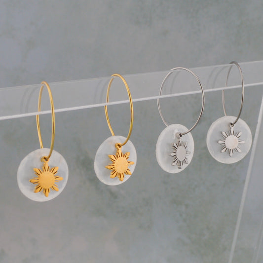 Araw and capiz shell dainty hoop earrings with Philippine sun charms in 18K gold plated stainless steel, handmade Filipino jewelry