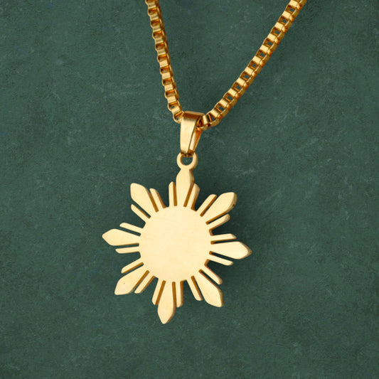 Araw chunky box chain necklace with Philippine sun pendant in 18K gold plated stainless steel, bold Filipino jewelry