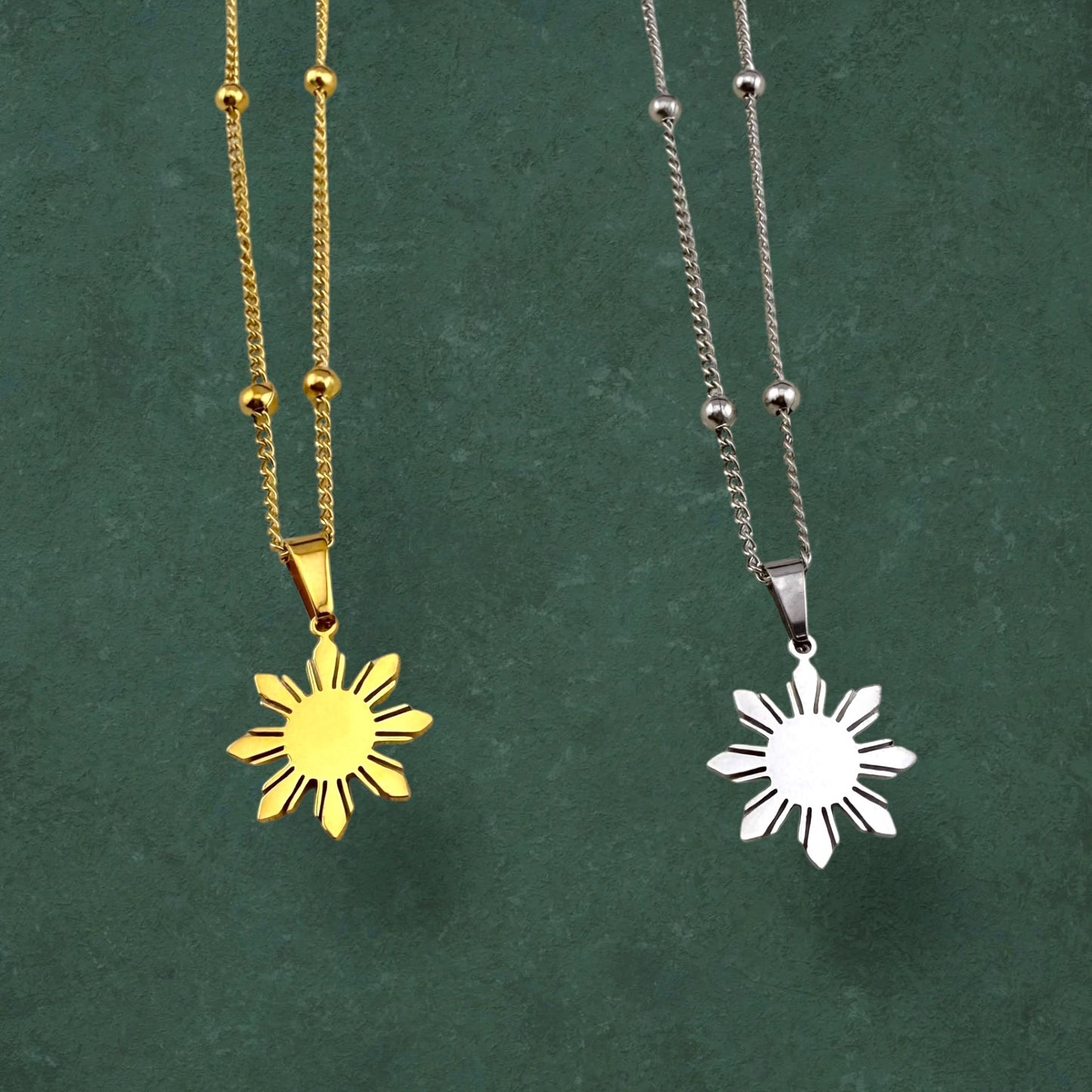 Araw satellite chain necklaces in both stainless steel and sterling silver variants, featuring minimalist sun charm pendants inspired by Filipino design