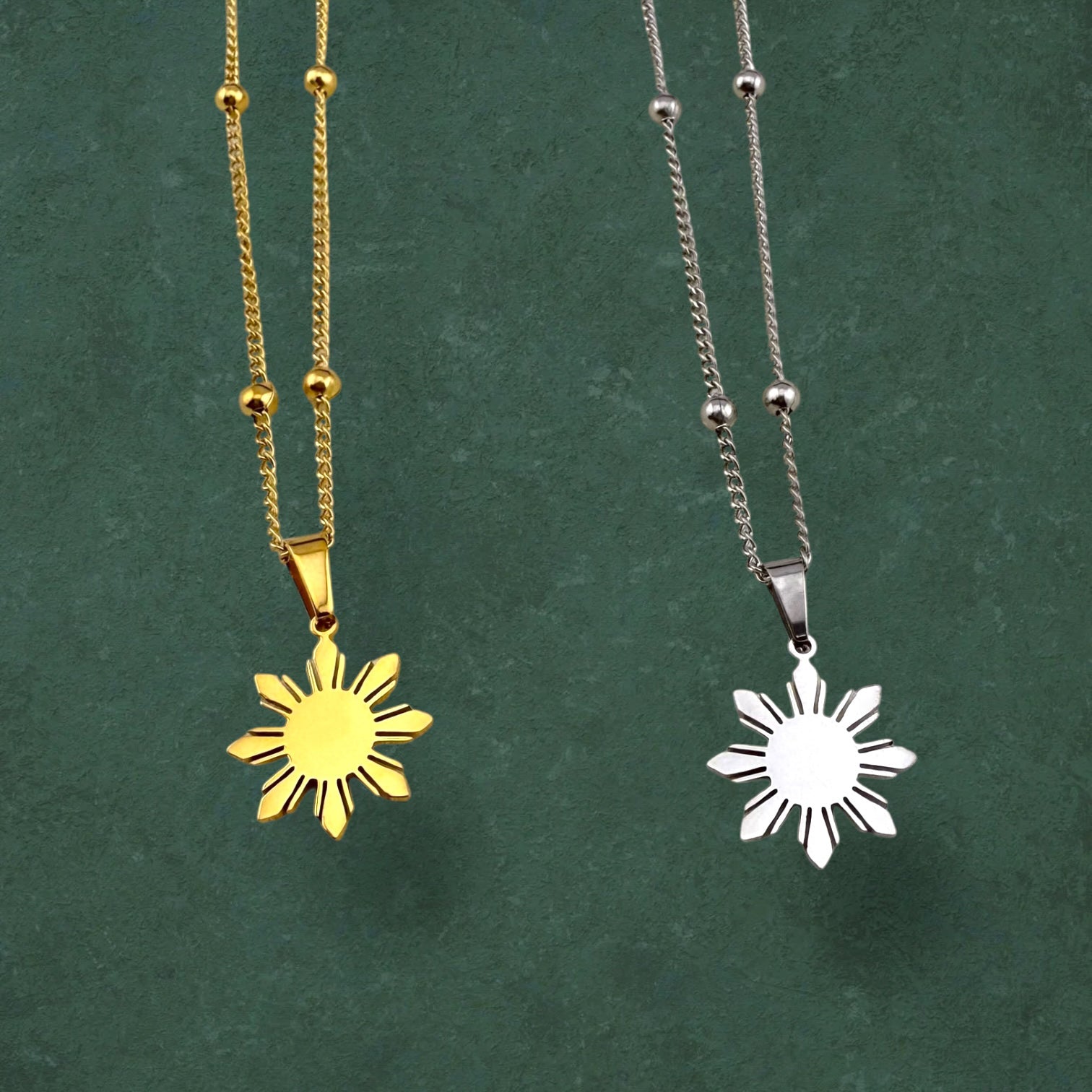 Araw satellite chain necklaces in both stainless steel and sterling silver variants, featuring minimalist sun charm pendants inspired by Filipino design