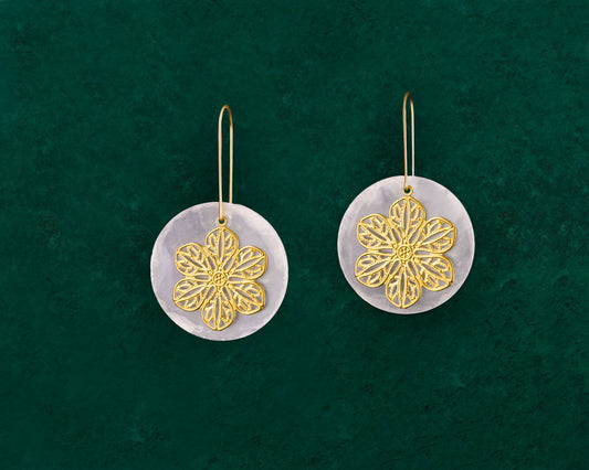 Charmed Capiz Shell hook earrings with Sampaguita flower charm in 18K gold plated stainless steel, handmade Filipino jewellery