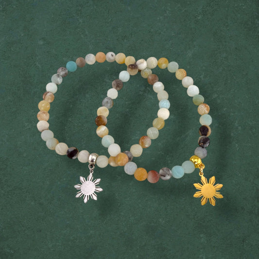 Flower Amazonite stretch bracelet with both silver and 18K gold plated charms, natural gemstone handmade jewellery