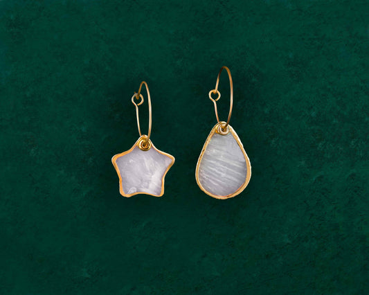 Gold lined capiz shell hoop earrings with metal bead accents in 18K gold plated stainless steel, handmade Filipino coastal jewelry