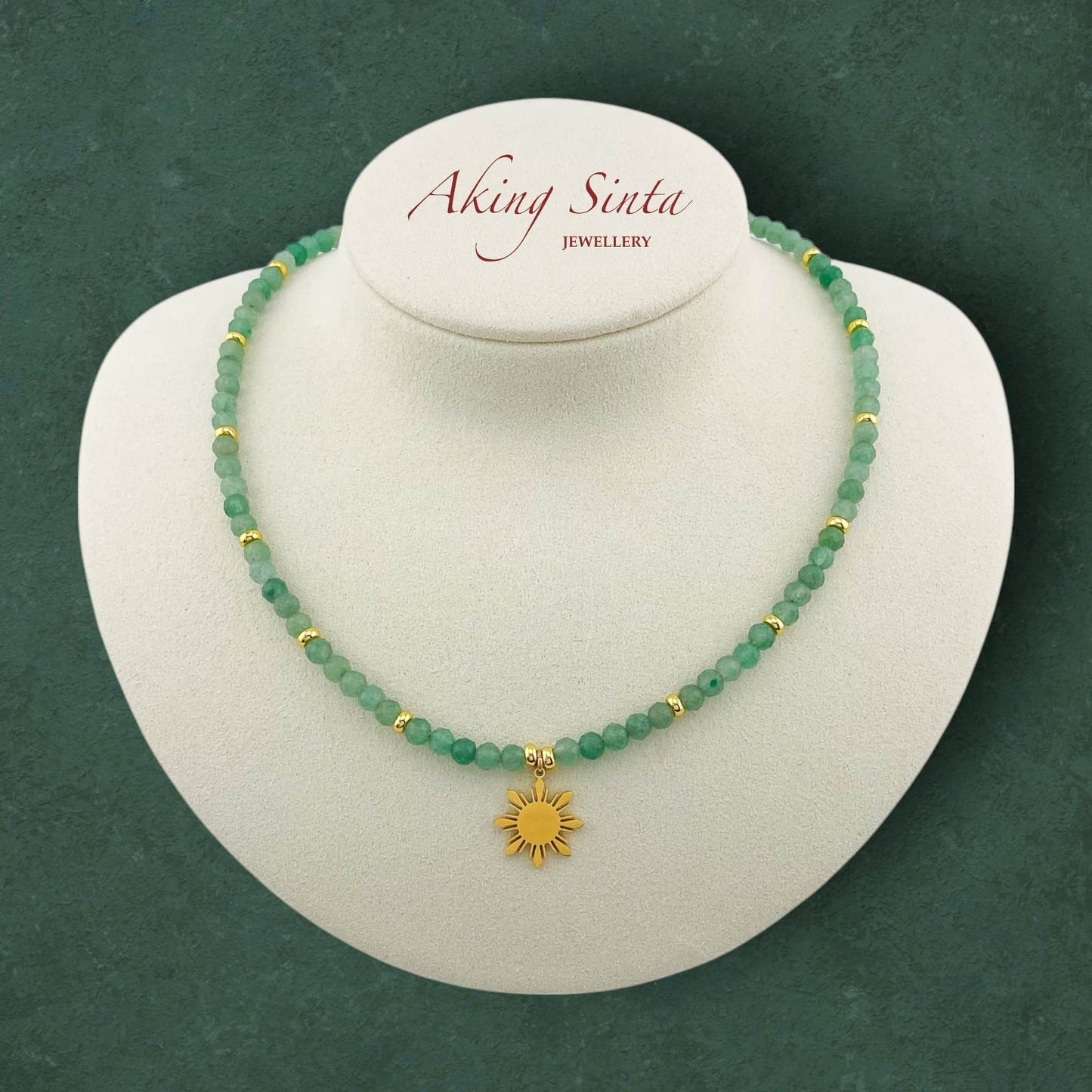 Green aventurine necklace with Araw sun charm in 18K gold plated stainless steel, natural gemstone Filipino jewelry