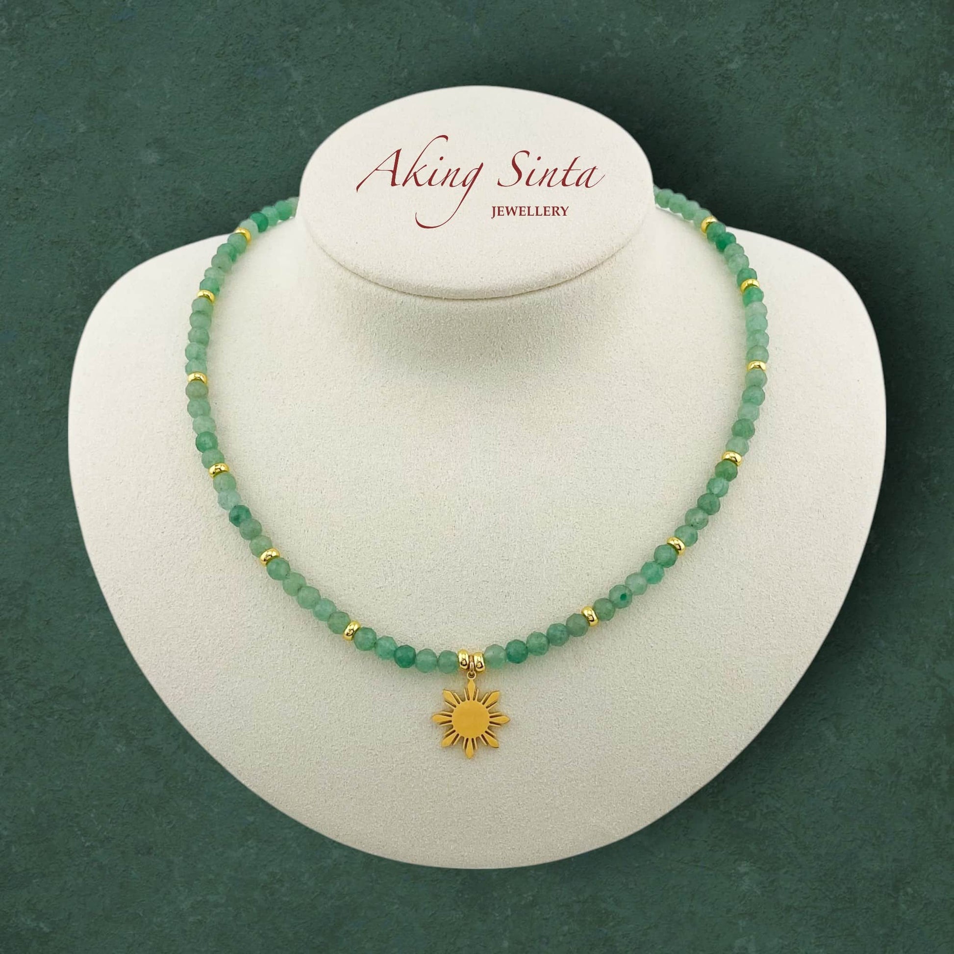 Green aventurine necklace with Araw sun charm in 18K gold plated stainless steel, natural gemstone Filipino jewelry