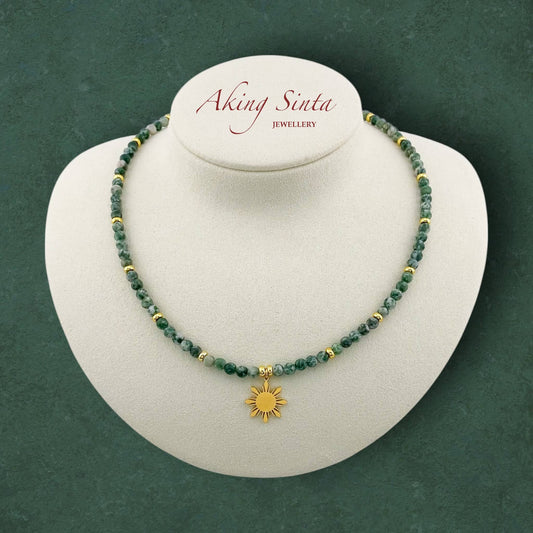 Green spot jasper necklace with Araw sun charm in 18K gold plated stainless steel, natural stone Filipino jewelry