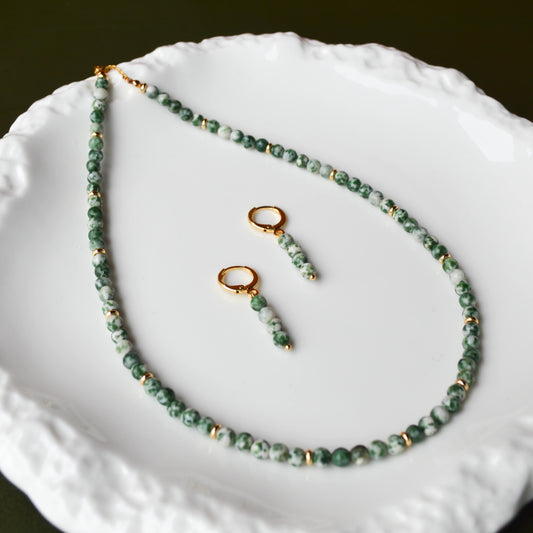 Green spot jasper necklace with natural gemstone beads and 18K gold plated stainless steel accents, handmade boho jewelry
