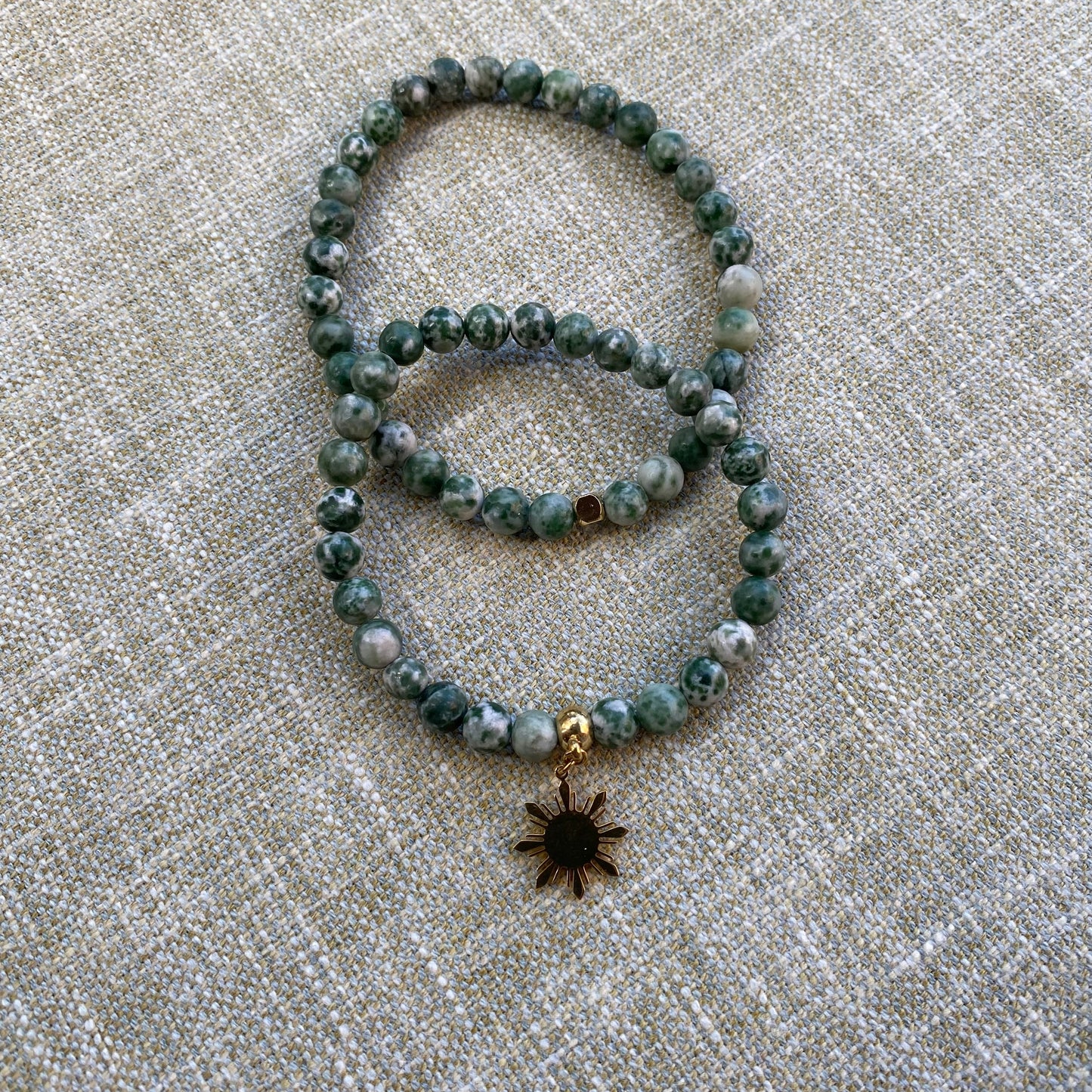 Green Spot Jasper stretch bracelet with Araw sun charm in 18K gold plated stainless steel, Filipino heritage jewellery