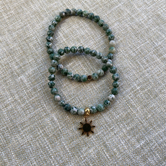 Green Spot Jasper stretch bracelet with Araw sun charm in 18K gold plated stainless steel, Filipino heritage jewellery