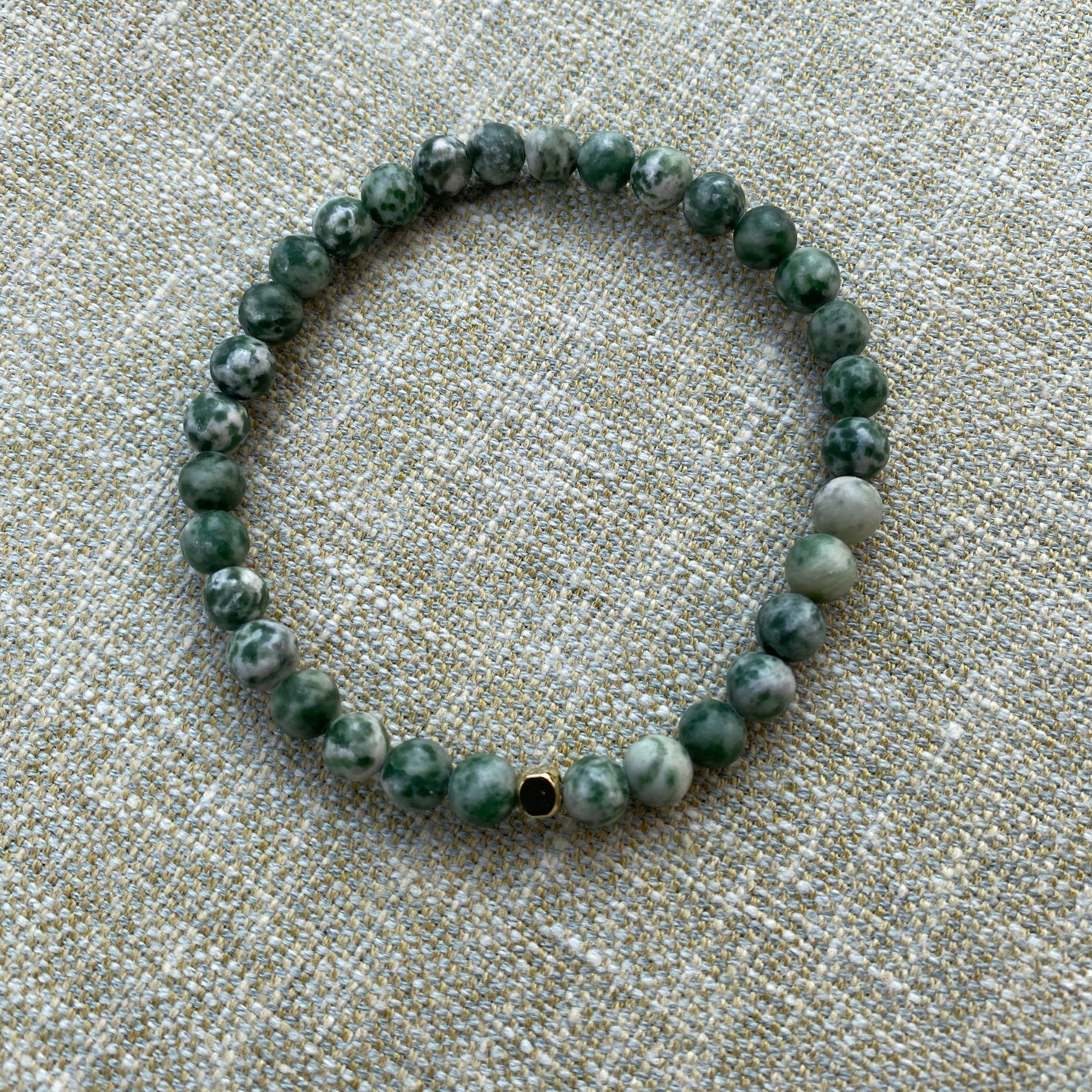 Green Spot Jasper stretch bracelet with natural gemstone beads and 18K gold plated accents, handmade boho jewellery