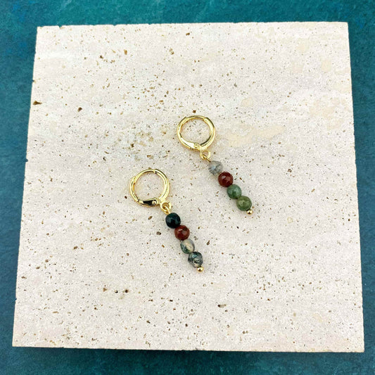 Indian agate huggie earrings with natural multicolor gemstone charms and 18K gold plated stainless steel hoops, handmade boho jewelry