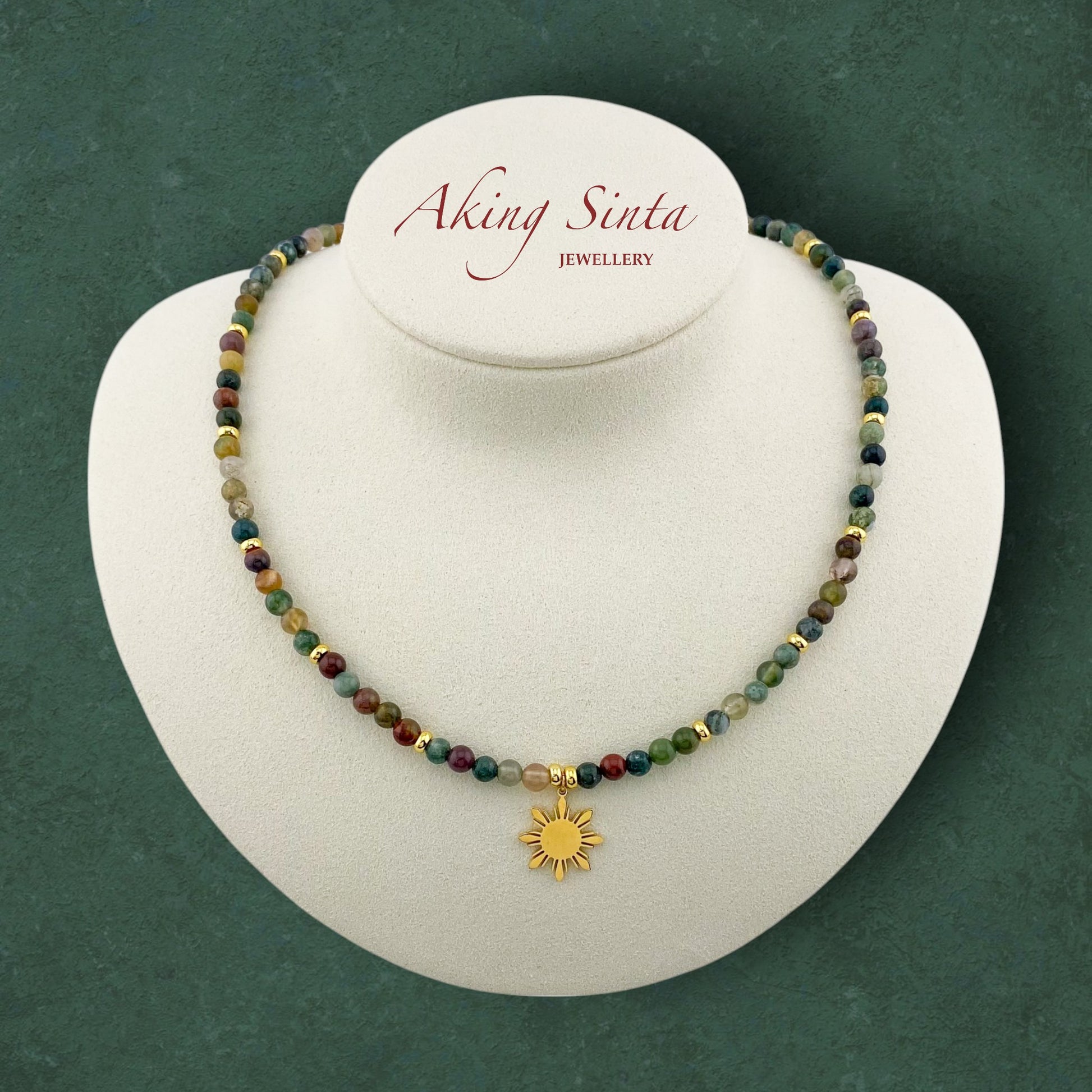 Indian agate necklace with Araw sun charm in 18K gold plated stainless steel, natural gemstone Filipino jewelry