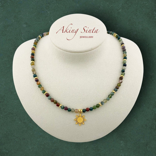 Indian agate necklace with Araw sun charm in 18K gold plated stainless steel, natural gemstone Filipino jewelry