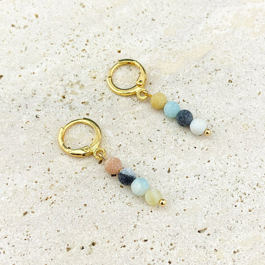 Matte flower amazonite huggie earrings with natural gemstone charms and 18K gold plated stainless steel hoops, handmade boho jewelry