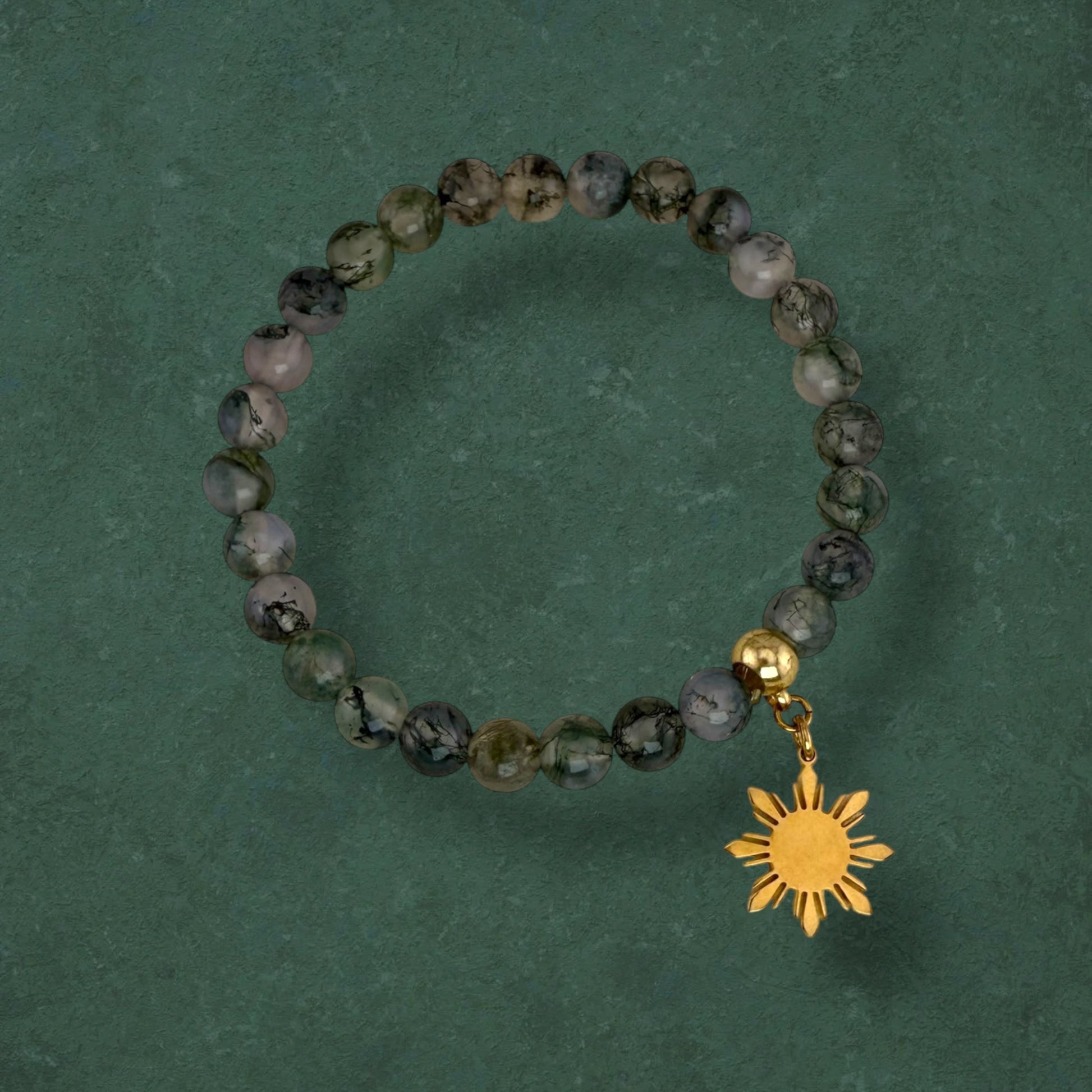Moss Agate stretch bracelet with Araw sun charm in 18K gold plated stainless steel, handmade Filipino jewellery
