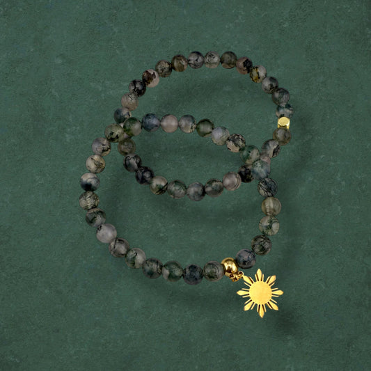 Moss Agate stretch bracelet with 18K gold plated accents and Araw sun charm, natural gemstone handmade Filipino jewellery