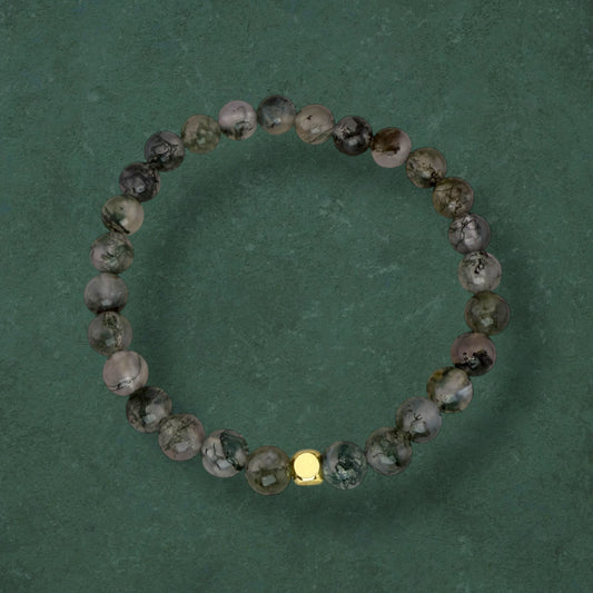 Moss Agate stretch bracelet with natural gemstone beads and elastic cord, minimalist handmade jewellery
