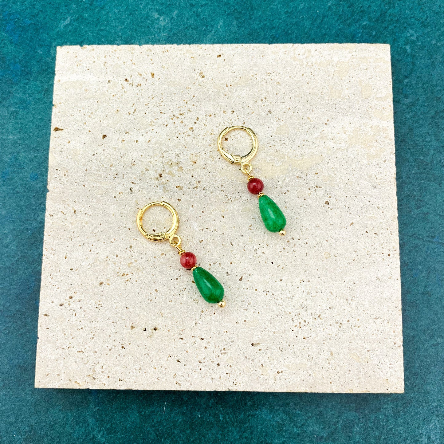 Red Jade Accented Teardrop Green Jade Huggies