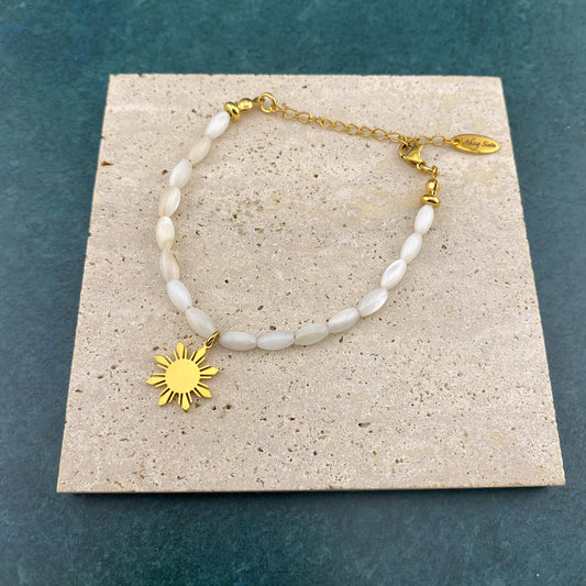 Rice mother of pearl bracelet with Araw sun charm in 18K gold plated stainless steel, dainty Filipino jewelry