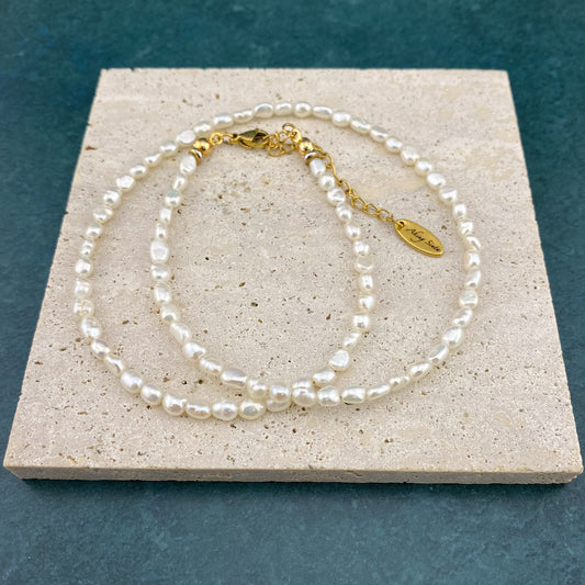 Rice pearl necklace with natural freshwater pearls and 18K gold plated stainless steel chain, dainty handmade jewelry