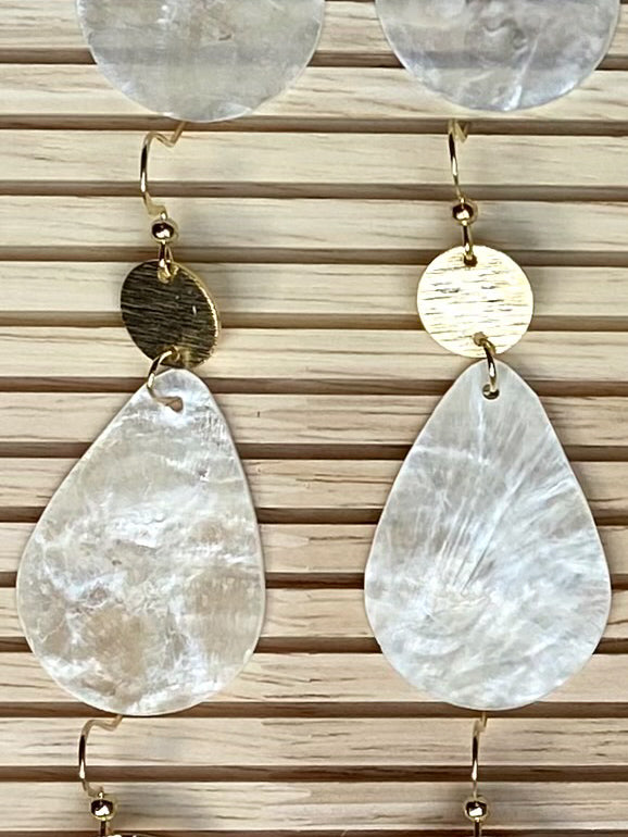 Teardrop Capiz Shell Earrings with brushed circle charm, elegant Filipino-inspired shell jewellery in gold tone