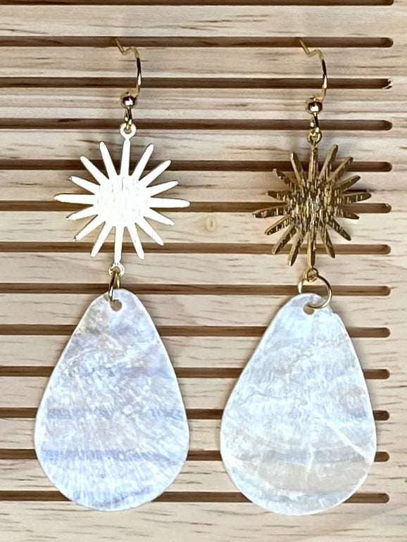 Teardrop Capiz Shell Earrings with brushed sun charm, gold plated Filipino sun inspired jewellery