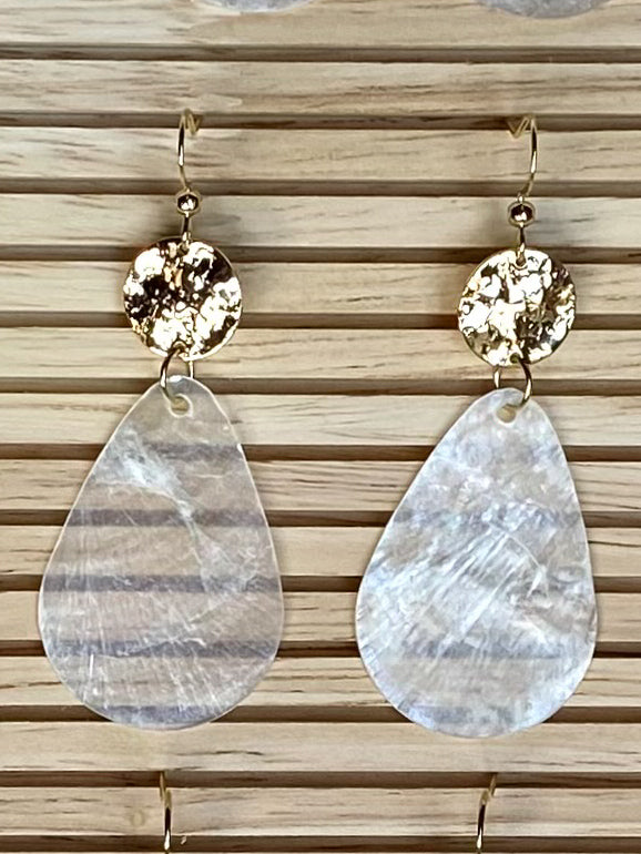 Teardrop Capiz Shell Earrings with hammered circle charm, handcrafted coastal-inspired gold accent earrings