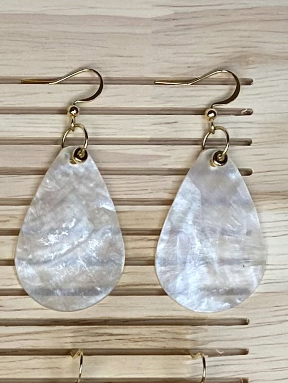 Teardrop Capiz Shell Earrings with metal bead accents, coastal-inspired jewellery with elegant gold detailing